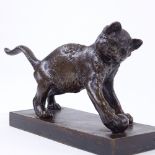 Julius Heinrich Hahnel (1823 - 1909), patinated bronze sculpture, cat playing with a ball, signed on