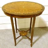 An Edwardian Sheraton Revival oval side table, with pewter and marquetry inlaid top, 62cm x 41cm