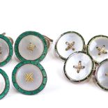 A matched set of 9ct rose gold and unmarked yellow metal mother-of-pearl and green enamel button