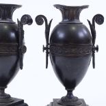 A pair of Victorian bronze-mounted black marble and slate ornamental urns, height 25cm Good