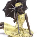 A Bergman style cold painted bronze erotic figure of a woman with a parasol, length 11cm