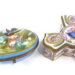 2 French porcelain and ormolu-mounted trinket boxes, comprising a tricorn-shaped box with armorial