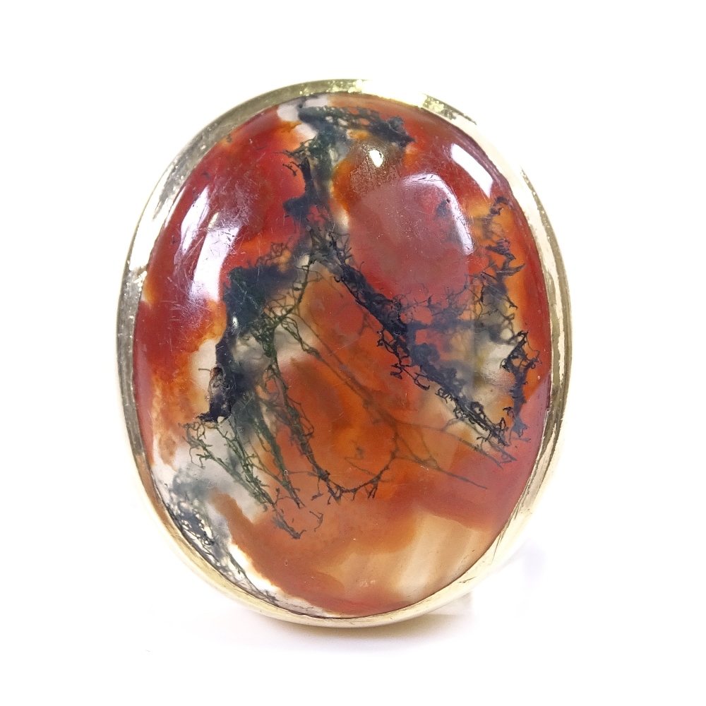 A large late 20th century 9ct gold moss agate signet ring, hallmarks London 1976, setting height