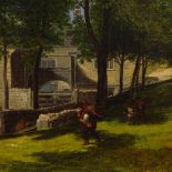 J Holland, large oil on canvas, figures outside large stone country house, Little Burtees, signed,