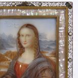 Watercolour on ivory, after Leonardo, The Mona Lisa, unsigned, in mother-of-pearl inset brass