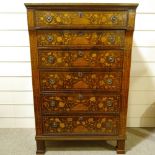 An 18th century Dutch marquetry tall chest of 6 drawers, allover floral marquetry inlay, width 1m,