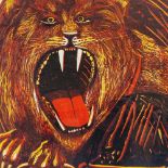 Colour linocut print, lion, unsigned, image 15" x 18", framed Good condition
