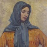 Late 19th/early 20th century oil on canvas, portrait of a woman wearing a blue scarf, signed Tell,
