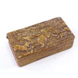 A 19th century Swedish relief carved birch wood snuffbox, depicting a deer hunting scene, length 9cm