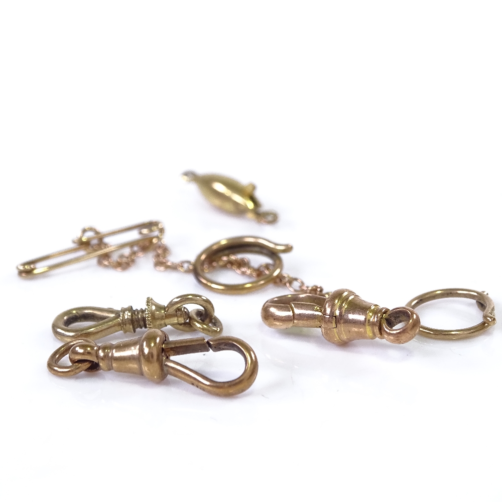 Various 9ct and unmarked gold jewellery fittings, including dog clips, barrel clasp, pin security