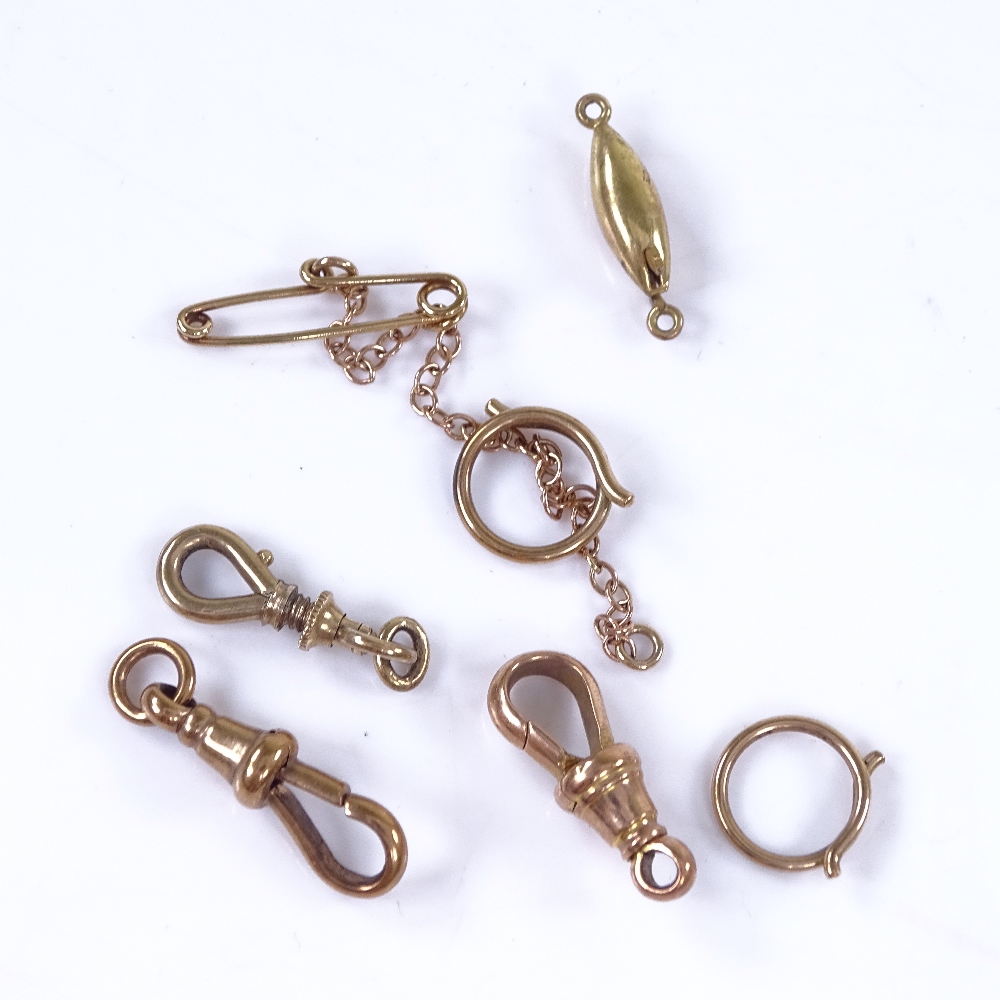 Various 9ct and unmarked gold jewellery fittings, including dog clips, barrel clasp, pin security - Image 2 of 4