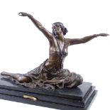 CLAIRE COLINET - patinated bronze sculpture, erotic female dancer, on stepped marble plinth,