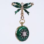 An early 20th century unmarked yellow metal green enamel and rose cut diamond lapel watch, by Le Roy