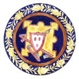 Scottish Arts and Crafts armorial pottery charger, hand painted coat of arms for Sir Kenneth James