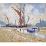 David Noble, oil on board, boats at low tide, 10" x 11.5", and John Sprakes, oil on board, harbour