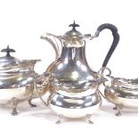 A George VI 4-piece silver tea set, comprising hot water jug, teapot, 2-handled sugar bowl and cream