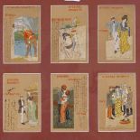 A framed set of 6 printed postcards, circa 1900, with handwritten inscriptions, images signed M