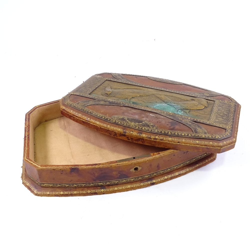 A French Art Nouveau leather-covered dressing table case, the lid having inset gilded spelter - Image 3 of 3