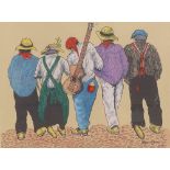 Clare McAdam, hand coloured print, Irish buskers, signed in the plate, dated 1996, 11" x 14", framed