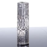 A late Victorian silver-mounted glass perfume bottle, pierced body with bright-cut engraved and
