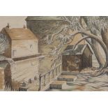 Billie Walters, lithograph, old mill, 8" x 10.5", framed Good condition