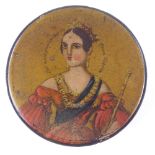 An early 19th century circular papier mache box, the lid with hand coloured transfer portrait of Her