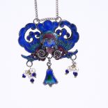 A German Arts and Crafts silver and peacock enamel Oriental style pendant necklace, possibly by
