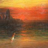 Large 19th century oil on canvas, symbolistic sunset landscape, unsigned, 42" x 60", unframed Re-