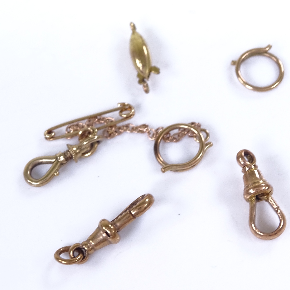 Various 9ct and unmarked gold jewellery fittings, including dog clips, barrel clasp, pin security - Image 3 of 4