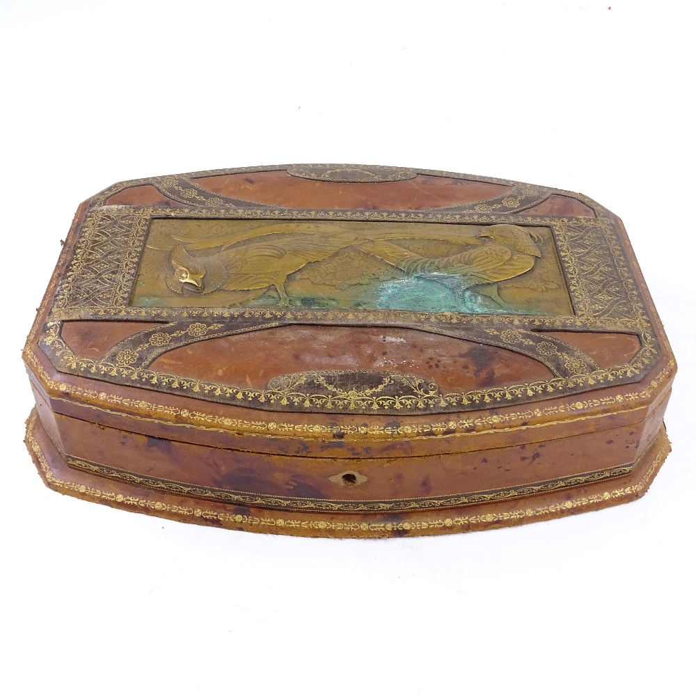 A French Art Nouveau leather-covered dressing table case, the lid having inset gilded spelter - Image 2 of 3