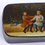 A 19th century Russian papier mache snuffbox, hand painted lid with Imperial seal likutine