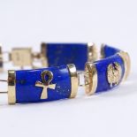 An Egyptian style 9ct gold mounted lapis lazuli panel bracelet, bracelet length 18cm, 10.5g Very