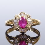 An 18ct gold ruby and diamond cluster dress ring, set with round brilliant and tapered baguette-