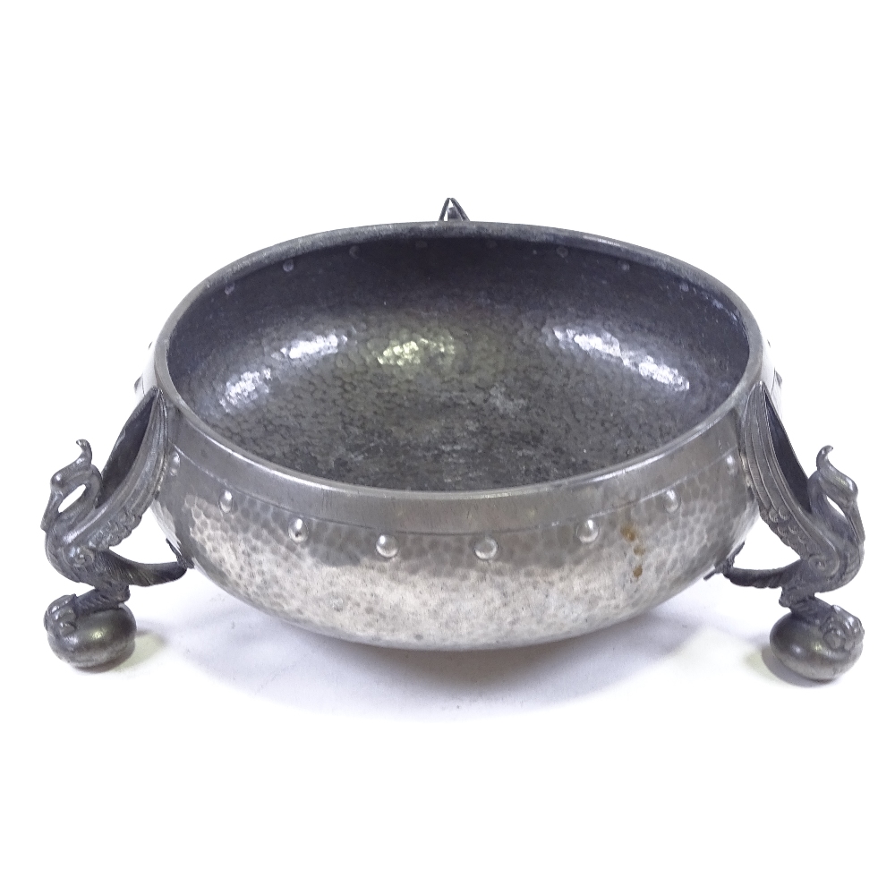 An Arts and Crafts planished pewter fruit bowl, on cast phoenix design feet, stamped Homeland, - Image 2 of 3