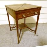 An Edwardian mahogany and marquetry inlaid envelope card table, with brass stringing and edges,