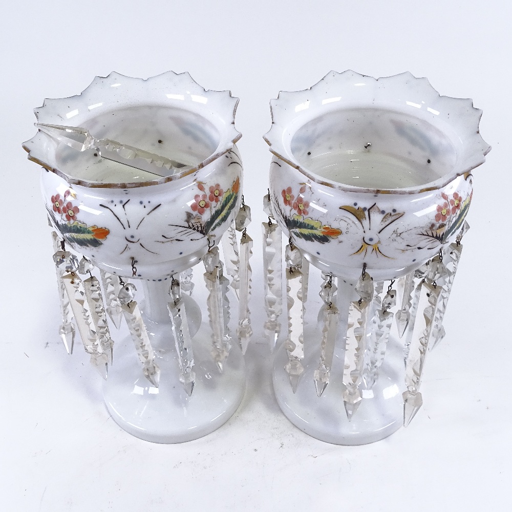A pair of Victorian milk glass table lustres, with clear glass arrowhead drops and painted - Image 3 of 3