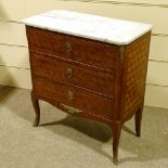 A French kingwood parquetry inlaid chest of 3 drawers of small size, with marble top and cabriole