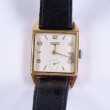 LONGINES - a Vintage 18ct gold mechanical wristwatch, square silvered face with eighthly Arabic