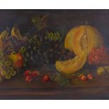 Grace Harding, oil on canvas, still life study, fruit on a table, signed, 19" x 30", framed Good