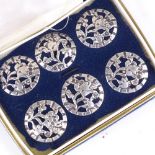 A set of 6 late Victorian cast and pierced silver buttons, hallmarks London 1898, 22mm across All in
