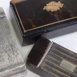 3 19th century snuff boxes, white metal with masonic motifs, and two tortoishell boxes. White