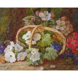 Vincent Clare (1855 - 1930), oil on canvas, still life study, spring flowers and basket on a mossy