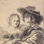 Rembrandt, engraving on laid paper, self portrait, signed in the plate, with Rapilly Paris stamp