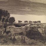 A 19th century engraving, cattle in landscape, image 6" x 10", and a 19th century sepia engraving