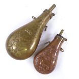 2 copper and brass powder flasks, largest length overall 22cm (2) Both in good unpolished