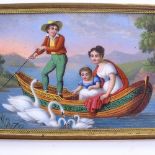 An early 19th century miniature enamel painting, depicting a family feeding swans from a boat,