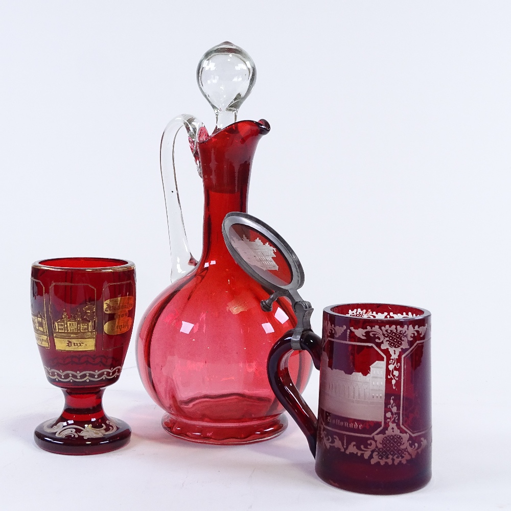 A Victorian ruby glass Claret jug, a Bohemian ruby overlay glass tankard, and a Bohemian ruby - Image 2 of 3