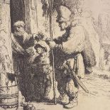 Rembrandt, engraving on laid paper, the seller of ratsbane, plate 5.5" x 5", mounted