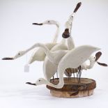 Clive Fredriksson, painted wood sculpture, group of spoonbill waders on metal-bound barrel type