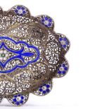 A Norwegian silver gilt filigree and enamel miniature tray, with blue, white and green enamel floral